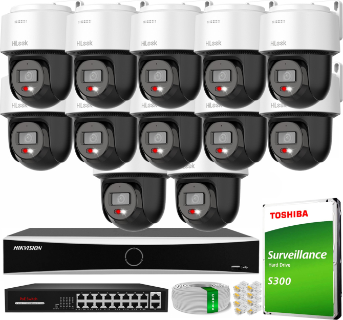 Zestaw do Monitoringu IP 4Mpx, 12 Kamer PTZ-N2C400M-DE Smart Hybrid Light, PoE - HiLook by Hikvision | PTZ-N2C400M-DE(x12) POE KIT