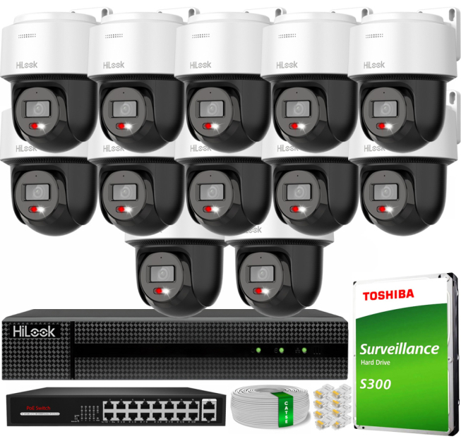 Zestaw do Monitoringu IP 4Mpx, 12 Kamer PTZ-N2C400M-DE Smart Hybrid Light, PoE - HiLook by Hikvision | PTZ-N2C400M-DE(x12) POE KIT