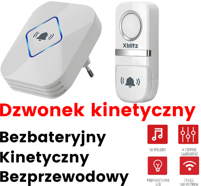 KINETIC - Bezbateryjny dzwonek bezprzewodowy, 58 melodii, zasięg 100m, podświetlenie LED - XBLITZ