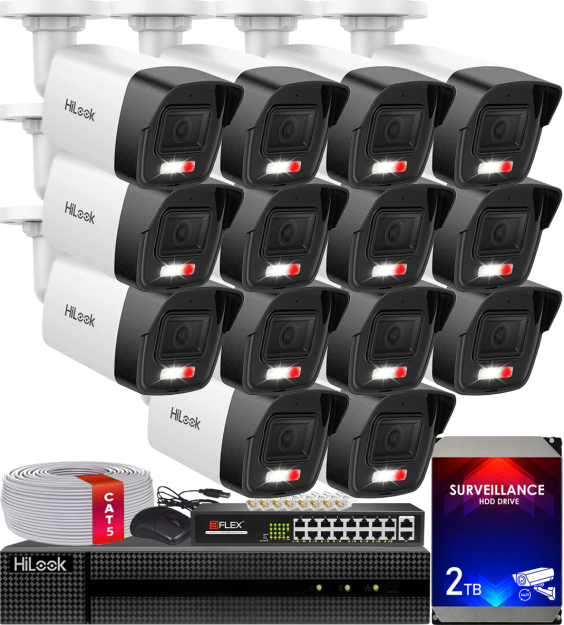 Zestaw do Monitoringu IP 4Mpx, 14 Kamer IPC-B140HA-LUC Smart Hybrid Light, PoE - HiLook by Hikvision | IPC-B140HA-LUC(x14) POE KIT