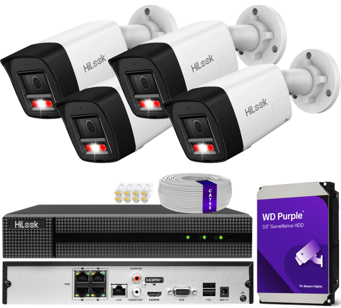 Zestaw do monitoringu IP 8Mpx 4K, 4 Kamery IPC-B180HA-LUF/SL Live Guard, PoE  - HiLook by Hikvision | IPC-B180HA-LUF/SL(x4) POE KIT