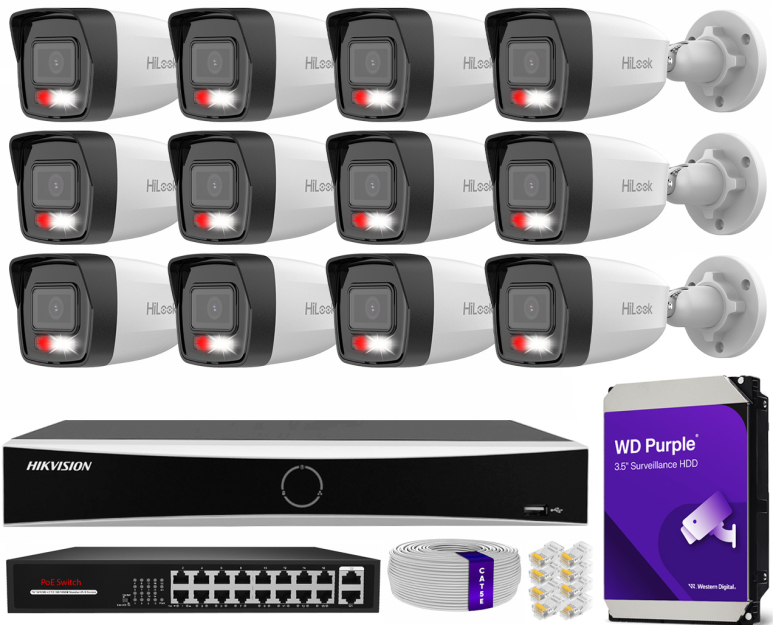 Zestaw do monitoringu IP 8Mpx 4K, 12 Kamer IPC-B180HA-LU, PoE  - HiLook by Hikvision | IPC-B180HA-LU(x12) POE KIT