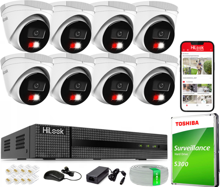 Zestaw do Monitoringu IP 4Mpx, 8 Kamer IPC-T240HA-LU Smart Hybrid Light, PoE - HiLook by Hikvision | IPC-T240HA-LU(x8) POE KIT