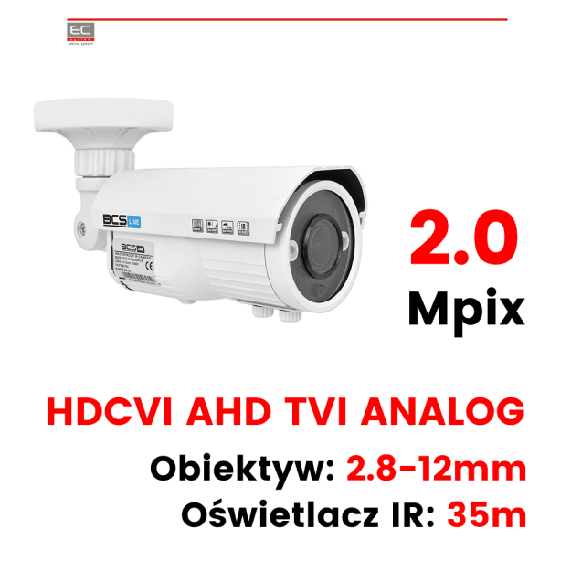 BCS-TQ6201IR3 / IR3-B - Kamera tubowa 2Mpx, 2.8-12mm, IR 35m, AGC, AWB, BLC, HLC, WDR, HD-CVI, AHD, TVI, ANALOG - BCS