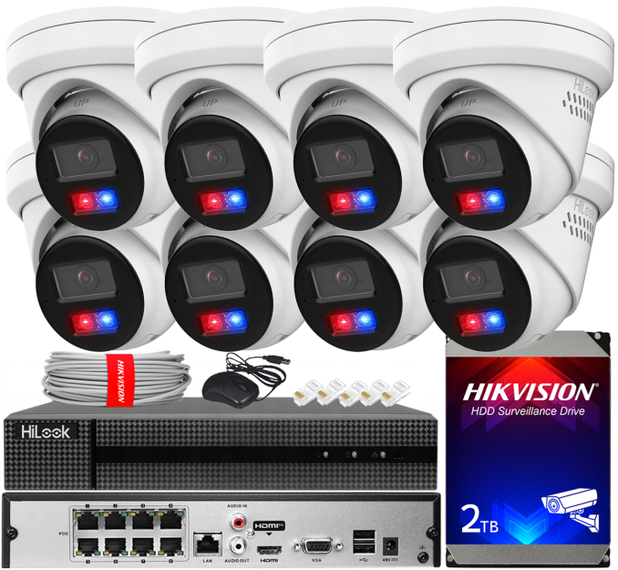Zestaw do Monitoringu IP 6Mpx, 8 Kamer IPC-T260HAP-LUF/SL Smart Hybrid Light, PoE - HiLook by Hikvision | IPC-T260HAP-LUF/SL(x8) POE KIT