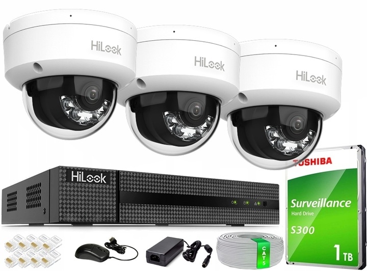 Zestaw do Monitoringu IP 4Mpx, 3 Kamery IPC-D140HA-LUC Smart Hybrid Light, PoE - HiLook by Hikvision | IPC-D140HA-LUC(x3) POE KIT