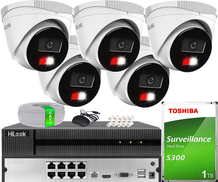 Zestaw do Monitoringu IP 4Mpx, 5 Kamer IPC-T240HA-LUC Smart Hybrid Light, PoE - HiLook by Hikvision | IPC-T240HA-LUC(x5) POE KIT