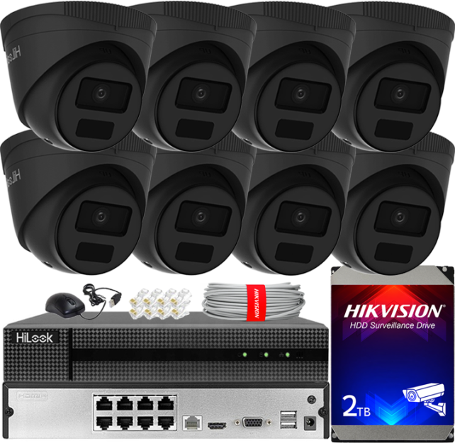 Zestaw do Monitoringu IP 4Mpx, 8 Kamery IPC-T241H-C BLACK, PoE, IR20m, IP67 - HiLook by Hikvision | IPC-T241H-C BLACK(x8) POE KIT