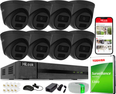 Zestaw do Monitoringu IP 4Mpx, 8 Kamery IPC-T241H-C BLACK, PoE, IR20m, IP67 - HiLook by Hikvision | IPC-T241H-C BLACK(x8) POE KIT
