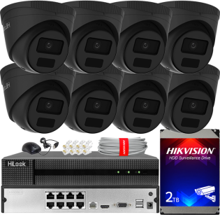 Zestaw do Monitoringu IP 4Mpx, 8 Kamery IPC-T241H-C BLACK, PoE, IR20m, IP67 - HiLook by Hikvision | IPC-T241H-C BLACK(x8) POE KIT