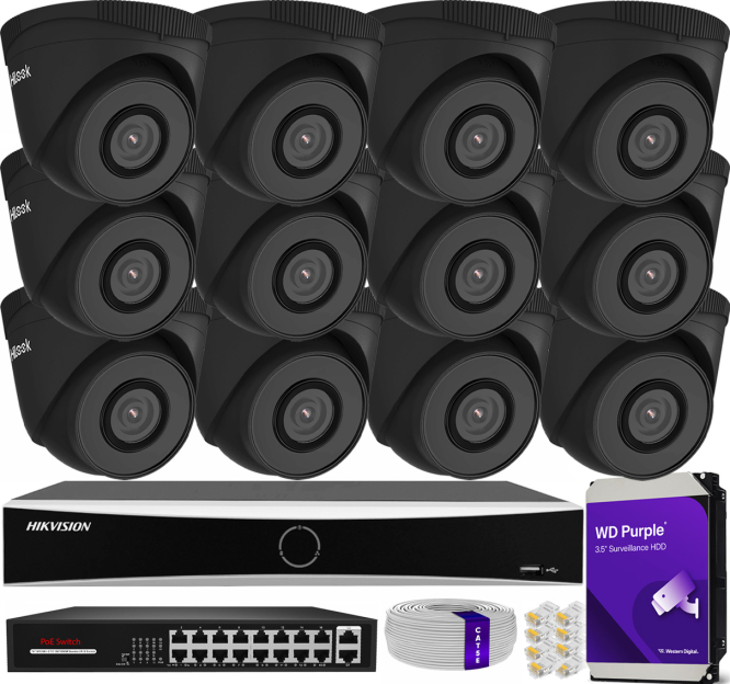 Zestaw do monitoringu IP 5Mpx, 12 Kamer IPC-T250H BLACK, PoE, IR30m - HiLook by Hikvision | IPC-T250H BLACK(x12) POE KIT