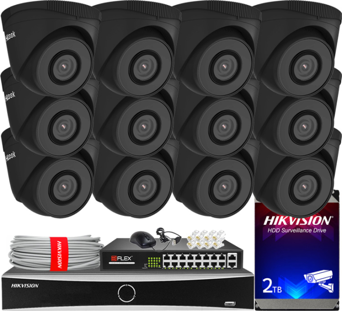 Zestaw do monitoringu IP 5Mpx, 12 Kamer IPC-T250H BLACK, PoE, IR30m - HiLook by Hikvision | IPC-T250H BLACK(x12) POE KIT
