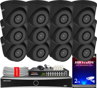 Zestaw do monitoringu IP 5Mpx, 12 Kamer IPC-T250H BLACK, PoE, IR30m - HiLook by Hikvision | IPC-T250H BLACK(x12) POE KIT