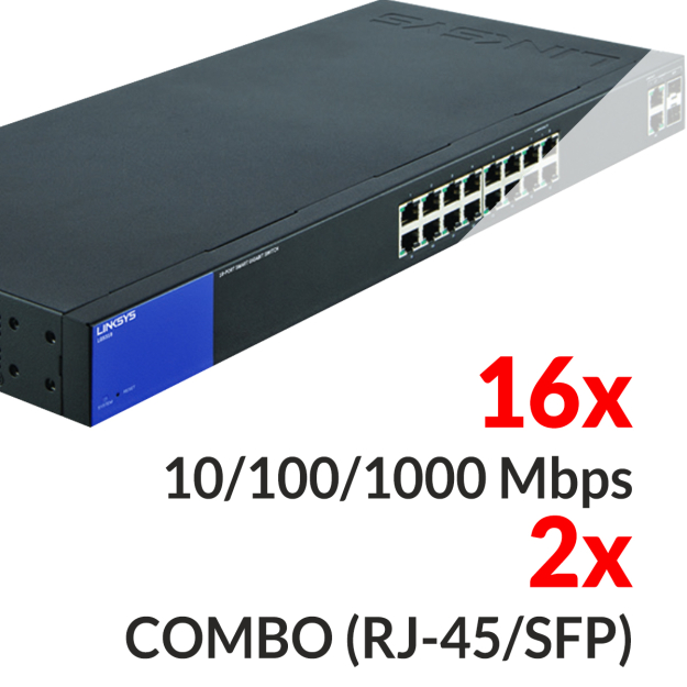 16x 10/100/1000Mbps + 2x COMBO (RJ-45/SFP) - LGS318-EU - Switch 18-portowy - LINKSYS