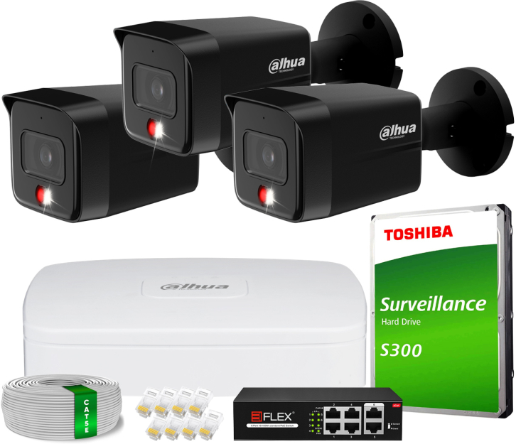 Zestaw do Monitoringu IP 6Mpx, 3 Kamery IPC-HFW1639TC-A-IL-0280B-S6 BLACK, Dual Light, PoE - DAHUA | IPC-HFW1639TC-A-IL-0280B-S6 BLACK(X3) POE KIT