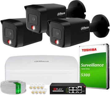 Zestaw do Monitoringu IP 6Mpx, 3 Kamery IPC-HFW1639TC-A-IL-0280B-S6 BLACK, Dual Light, PoE - DAHUA | IPC-HFW1639TC-A-IL-0280B-S6 BLACK(X3) POE KIT