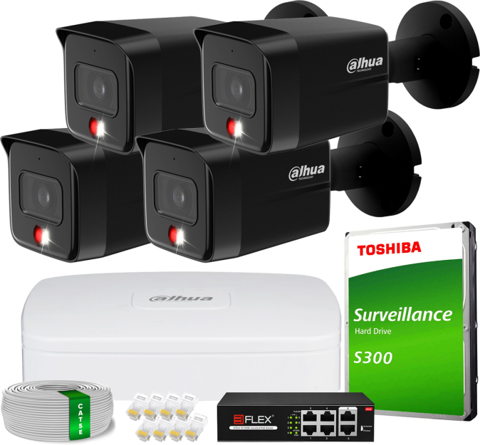 Zestaw do Monitoringu IP 6Mpx, 4 Kamery IPC-HFW1639TC-A-IL-0280B-S6 BLACK, Dual Light, PoE - DAHUA | IPC-HFW1639TC-A-IL-0280B-S6 BLACK(X4) POE KIT