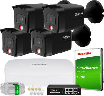 Zestaw do Monitoringu IP 6Mpx, 4 Kamery IPC-HFW1639TC-A-IL-0280B-S6 BLACK, Dual Light, PoE - DAHUA | IPC-HFW1639TC-A-IL-0280B-S6 BLACK(X4) POE KIT
