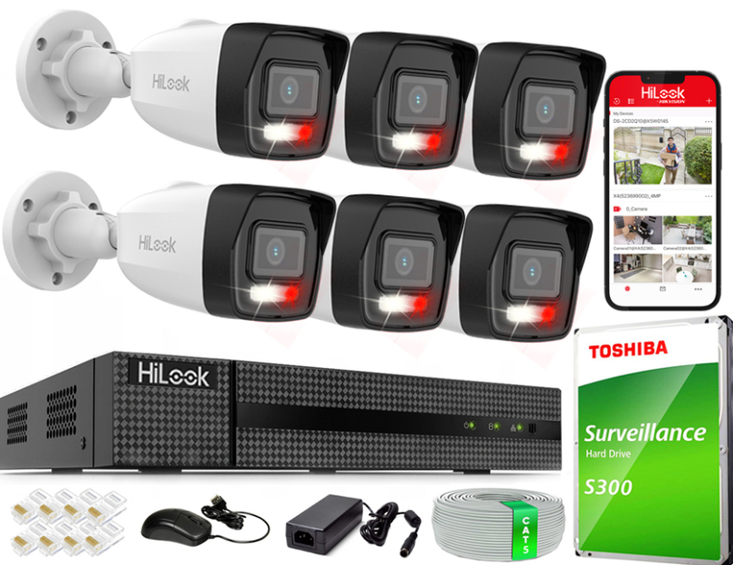 Zestaw do Monitoringu IP 4Mpx, 6 Kamer IPC-B140HA-LU Smart Hybrid Light, PoE - HiLook by Hikvision | IPC-B140HA-LU(x6) POE KIT