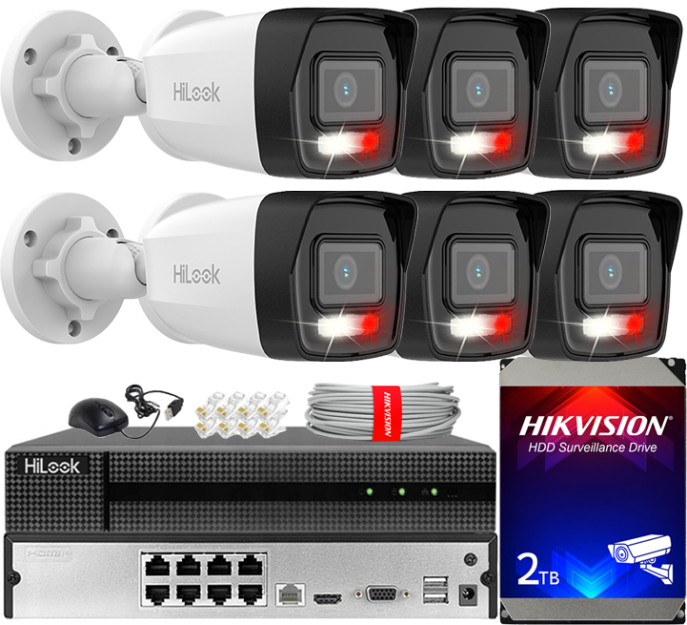 Zestaw do Monitoringu IP 4Mpx, 6 Kamer IPC-B140HA-LU Smart Hybrid Light, PoE - HiLook by Hikvision | IPC-B140HA-LU(x6) POE KIT