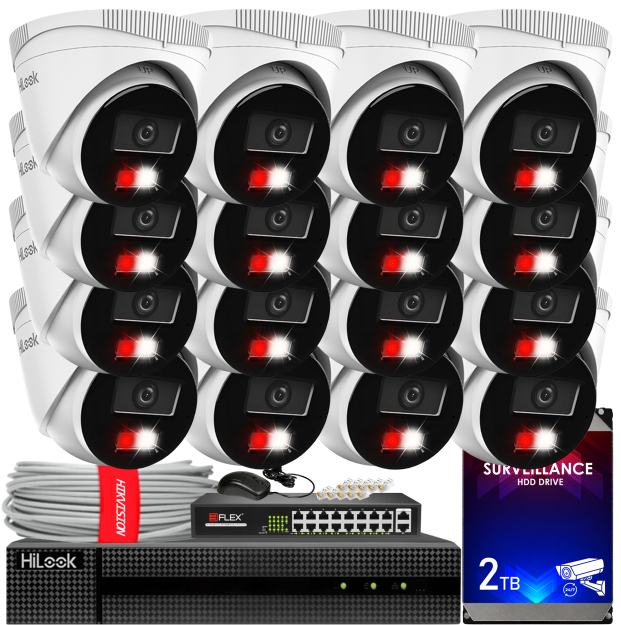 Zestaw do Monitoringu IP 4Mpx, 16 Kamer IPC-T240HA-LU Smart Hybrid Light, PoE - HiLook by Hikvision | IPC-T240HA-LU(x16) POE KIT