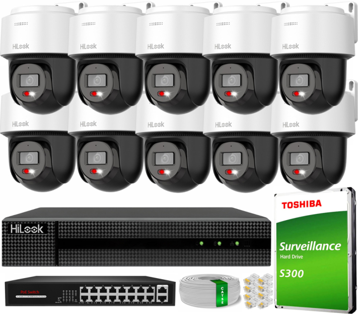 Zestaw do Monitoringu IP 4Mpx, 10 Kamer PTZ-N2C400M-DE Smart Hybrid Light, PoE - HiLook by Hikvision | PTZ-N2C400M-DE(x10) POE KIT