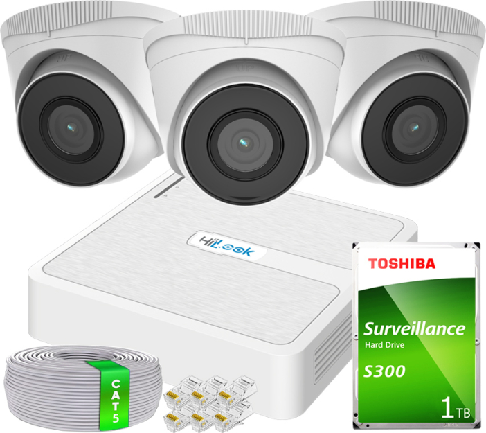 Zestaw do Monitoringu IP Full HD, 3 Kamery IPCAM-T2 IR30m, Rejestrator 4ch PoE - HiLook by Hikvision | 3x IPCAM-T2- + NVR-4CH-H/4P