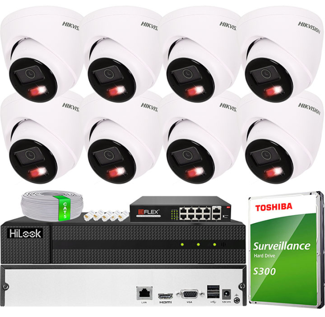 Zestaw do Monitoringu IP 4Mpx, 8 Kamer VE-NC143F-LIU, Smart Hybrid Light, Audio - Hikvision | VE-NC143F-LIU(x8) POE KIT