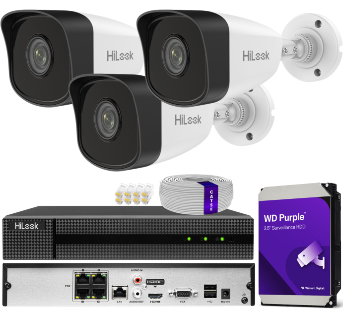Zestaw do monitoringu IP 5Mpx, 3 Kamery IPC-B150H, PoE, IR30m - HiLook by Hikvision | IPC-B150H (x3) POE KIT