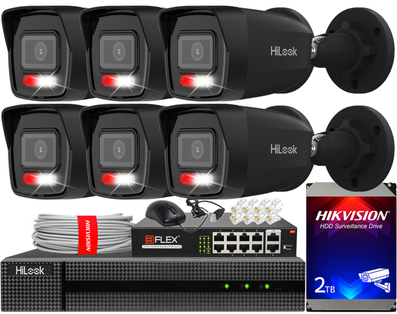 Zestaw do Monitoringu IP 6Mpx, 6 Kamer IPC-B160HA-LU BLACK Smart Hybrid Light, PoE - HiLook by Hikvision | IPC-B160HA-LU(x6)BlACK POE KIT