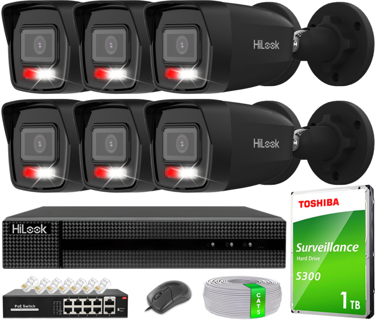 Zestaw do Monitoringu IP 6Mpx, 6 Kamer IPC-B160HA-LU BLACK Smart Hybrid Light, PoE - HiLook by Hikvision | IPC-B160HA-LU(x6)BlACK POE KIT