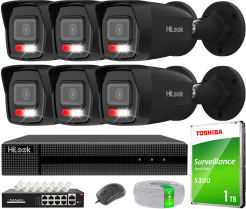 Zestaw do Monitoringu IP 6Mpx, 6 Kamer IPC-B160HA-LU BLACK Smart Hybrid Light, PoE - HiLook by Hikvision | IPC-B160HA-LU(x6)BlACK POE KIT