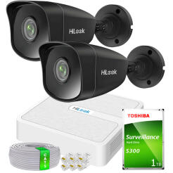 Zestaw do Monitoringu IP 5Mpx 2 Kamery IPCAM-B5 BLACK, Rejestrator 4ch z PoE - HiLook by Hikvision | 2xIPCAM-B5 BLACK + NVR-4CH-H/4P