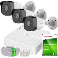 Zestaw do Monitoringu IP Full HD, 3 Kamery IPCAM-B2 IR30m, Rejestrator 4ch PoE - HiLook by Hikvision | 3x IPCAM-B2- + NVR-4CH-H/4P