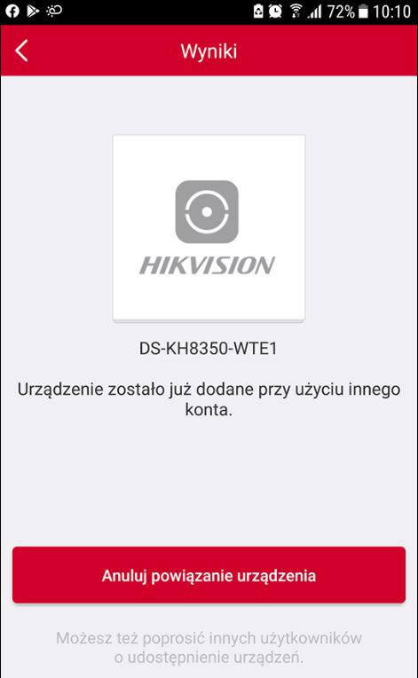Okno w aplikacji Hik-Connect - informacja o błędzie